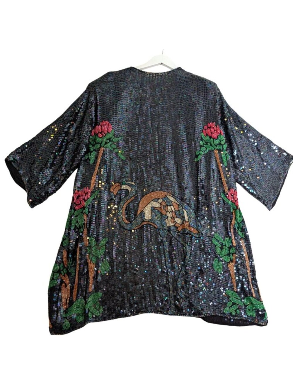 Vintage Black Sequin Kimono Floral & Flamingo Beaded Embroidery Open Front One S - Picture 14 of 15